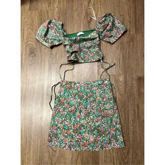 LOST & WONDER Big Sur Crop Top & mini Skirt Set  - GREEN FLORAL size S NWOT$159 - Picture 7 of 8